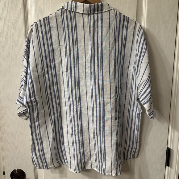 Garnet Hill | Womens 16 XL 100% Linen Stripe Button Up Top Coastal Grandma Camp - Picture 4 of 7